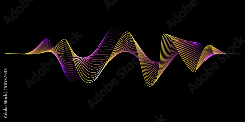 Frequency sound waveform, voice graph signal. Electronic yellow and purple waves. Voice recognition concept. Vector illustration on black background.