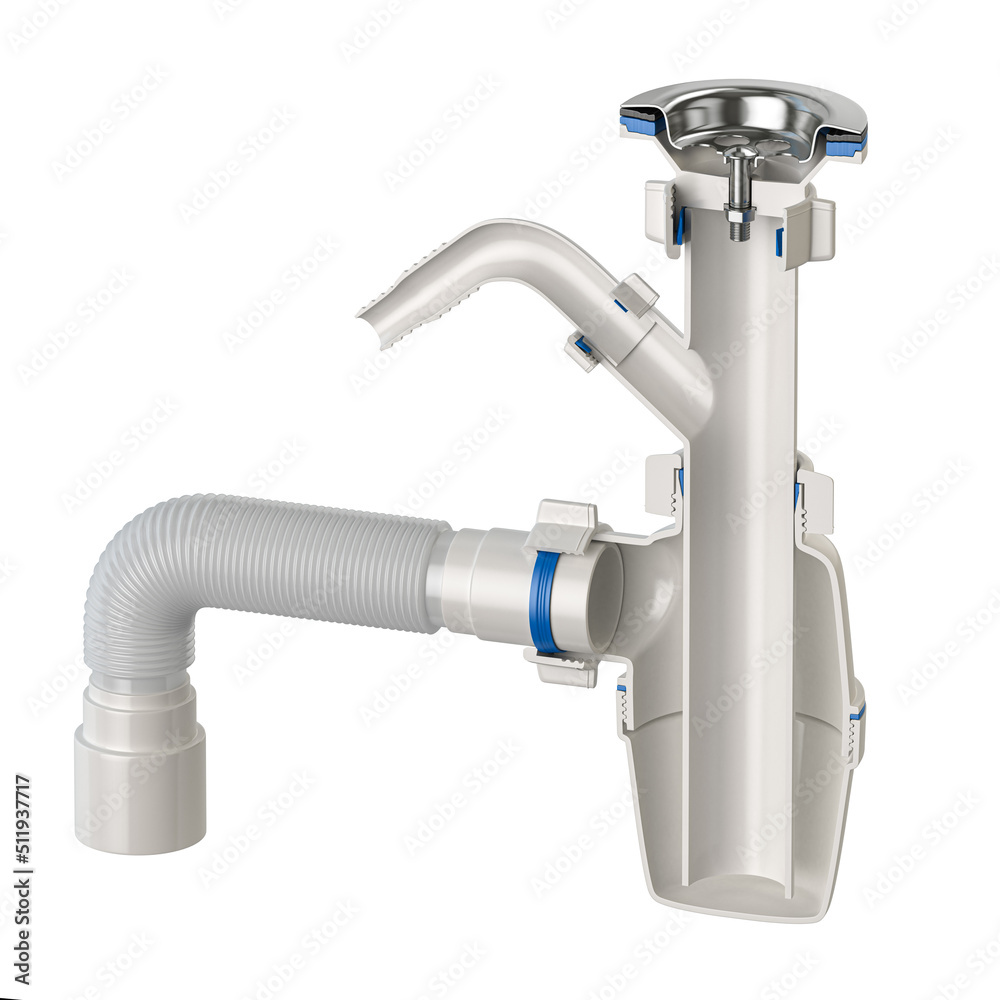 Cross section of siphon with bottle trap and pvc plastic pipes for sinks isolated on white. Cross section of siphon with bottle trap and pvc plastic pipes for sinks isolated on white.