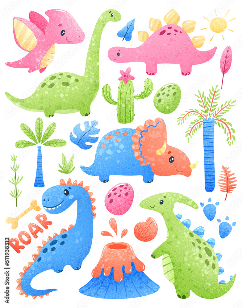 Set of illustrations of cute cartoon dinosaurs Set of illustrations of cute cartoon dinosaurs