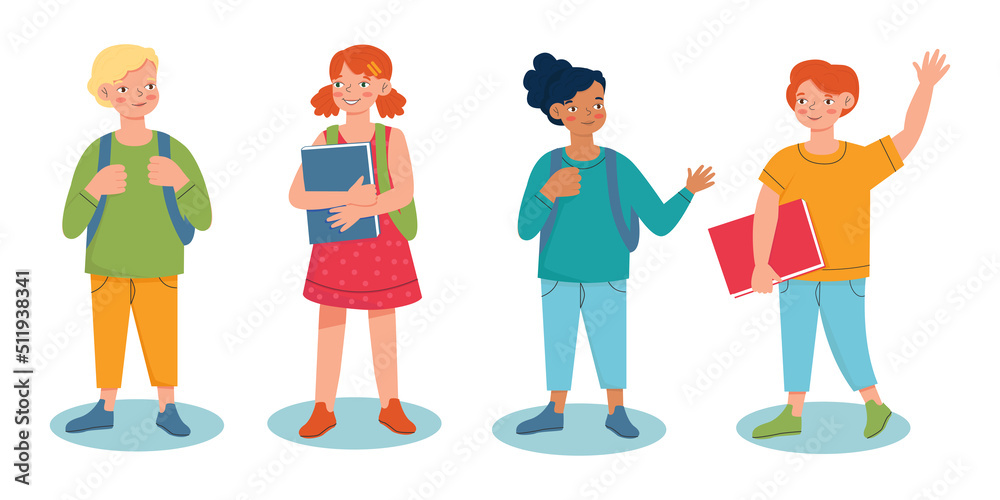 Fototapeta premium Children back to school, set of cute characters. Vector illustration in flat style