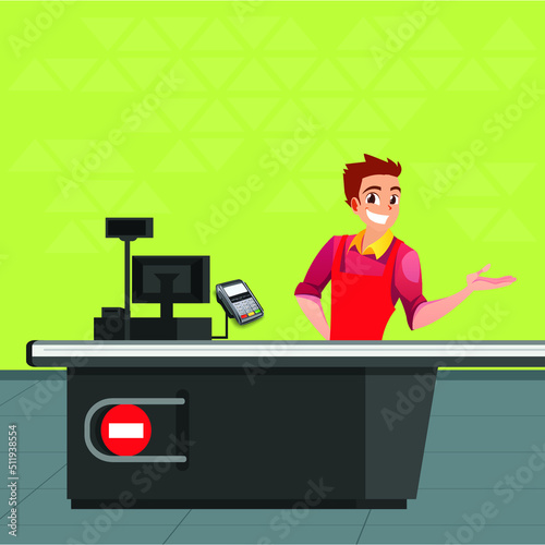 Salesman man cashier standing at checkout in supermarket.