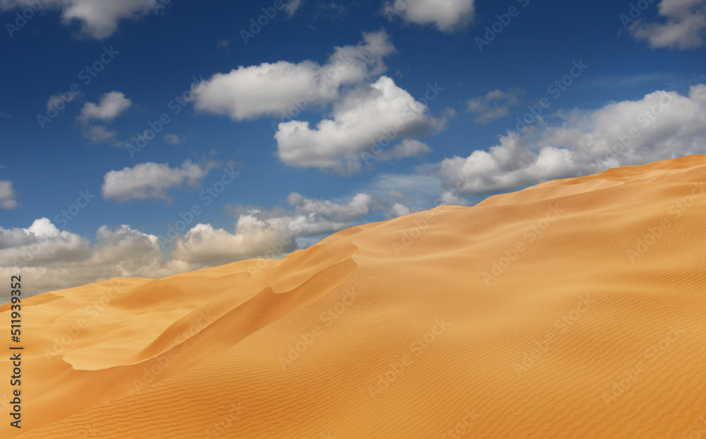 Panorama of sand dunes Sahara Desert at sunset. Endless dunes of yellow sand. Desert landscape Waves sand nature, 3d illustration
