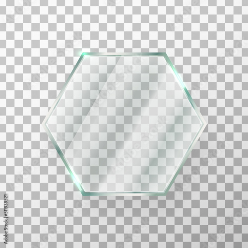 Glass hexagon frame. Mirror panel. Gloss screen effect. Digital window texture. Plastic plate mockup. Clear button. Glossy tag and badge. Shiny framework. Light rectangle banner. Vector illustration
