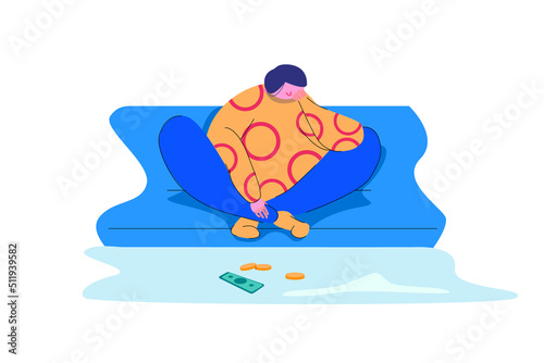 Sad stressed disappointed woman sitting and looking at little money cash and coins. Poverty and financial crisis concept. Vector flat illustration
