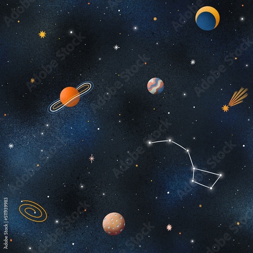 Seamless space pattern with constellations, stars, planets and Moon