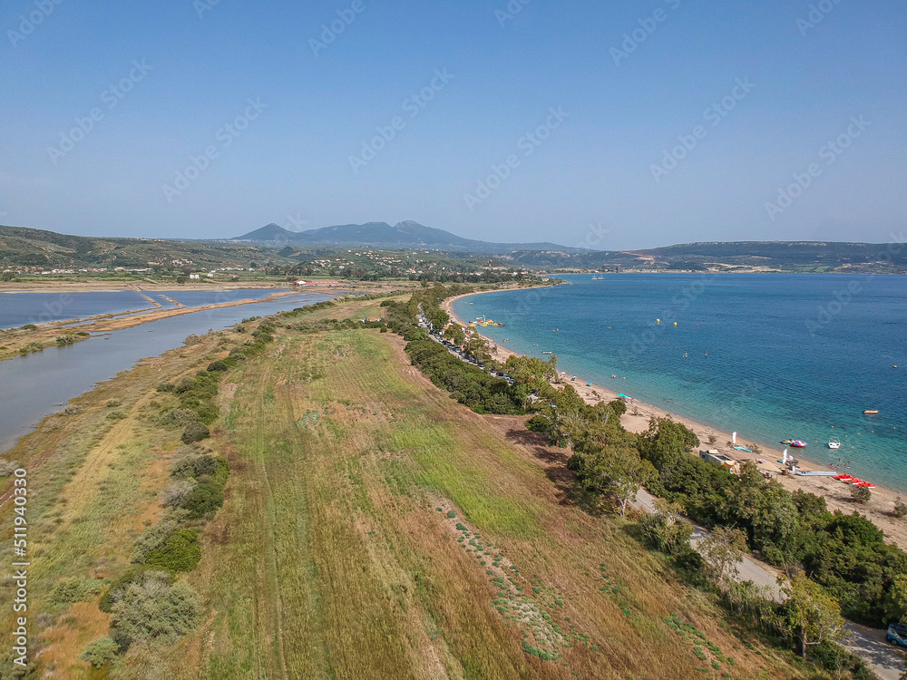 Panoramic aerial view over Divari beach near Navarino bay, Gialova. It is one of the best beaches in mediterranean Europe. Beautiful lagoon near Voidokilia from a high point of view, Messinia, Greece