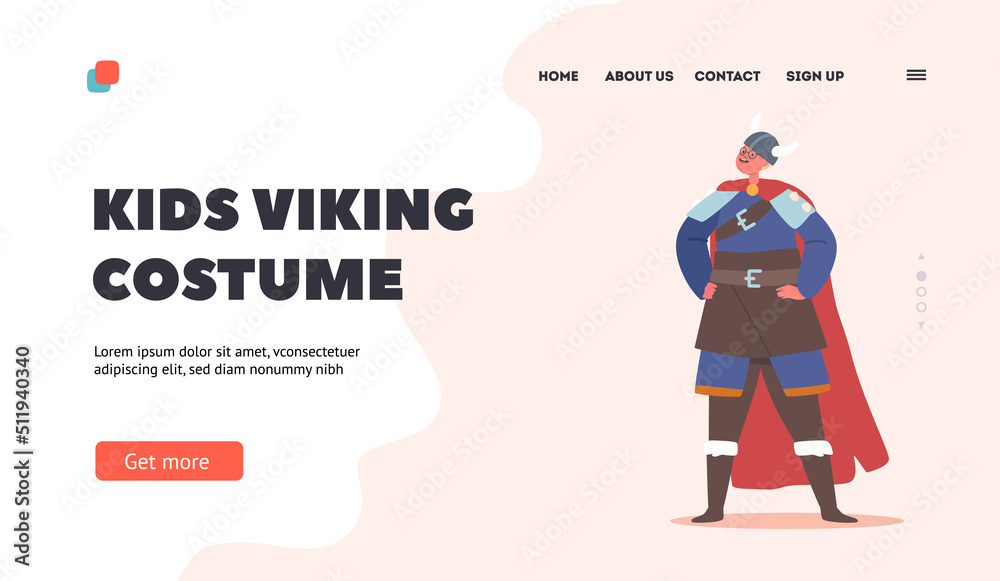 Kids Viking Costume Landing Page Template. Boy Character Wear Horned Helmet, Boots and Cape. Child in Scandinavian Suit Kids Viking Costume Landing Page Template. Boy Character Wear Horned Helmet, Boots and Cape. Child in Scandinavian Suit