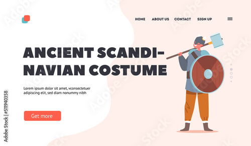 Ancient Scandinavian Costume Landing Page Template. Kid in Viking Suit, Warrior Boy Character Wear Horned Helmet