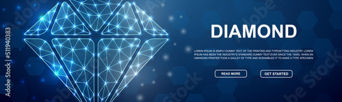 Diamond 3d low poly symbol for head promotion banner. Brilliant design illustration concept. Horizontal polygonal Jewelry poster illustration