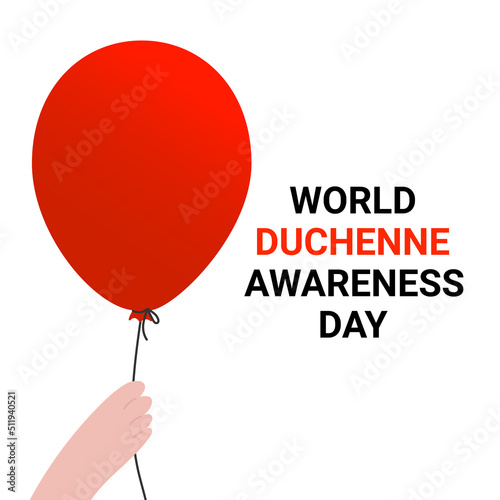 World Duchenne Awareness Day typographic text. Red balloon as a symbol of patients who have passed away because of muscular dystrophy photo