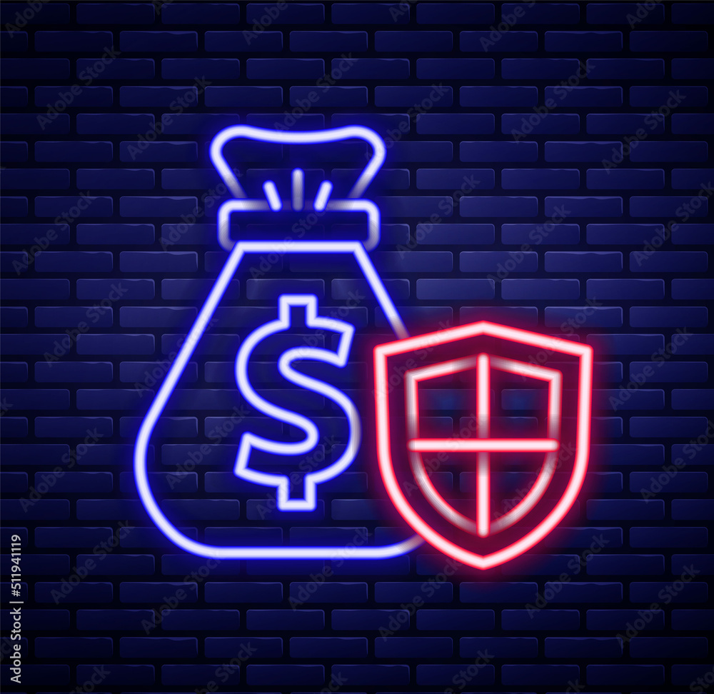 Glowing neon line Money bag with shield icon isolated on brick wall background. Insurance concept. Security, safety, protection, protect concept. Colorful outline concept. Vector Glowing neon line Money bag with shield icon isolated on brick wall background. Insurance concept. Security, safety, protection, protect concept. Colorful outline concept. Vector