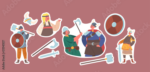 Set of Stickers Children in Viking Costumes, Little Boys and Girls Characters Wear Antique Suits Hold Sword, Hammer
