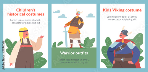 Children Historical Costumes Cartoon Banners. Little Boys and Girls Viking Characters Wear Antique Suits Vector Posters