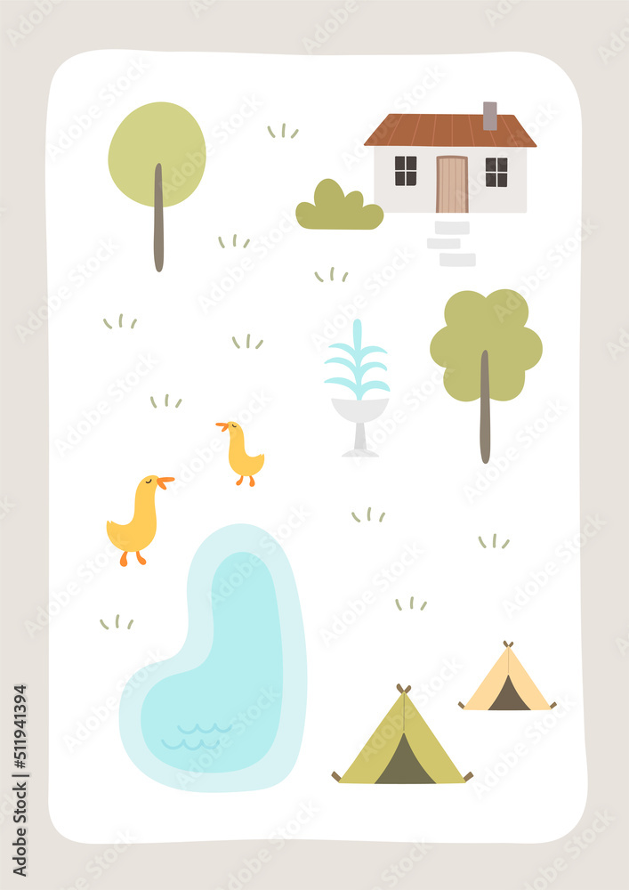 Cute card with rural landscape, duck, trees, houses, lake. Little village.