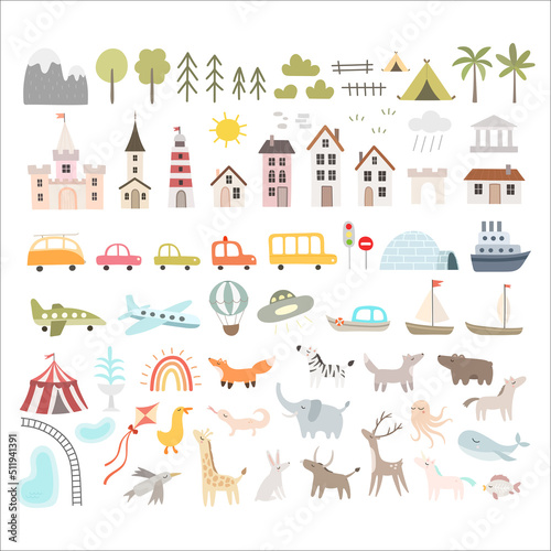 Cute vector set with different elements for landscape creator. Houses, castle, church, trees, cars, mountains, animals