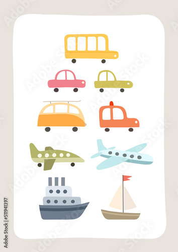 Cute vector poster with cars, planes and boats. Poster with different vehicles.