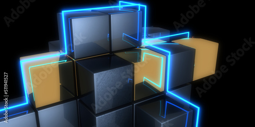 3D abstract background with neon lights. neon tunnel .space CUBES construction . .3d illustration