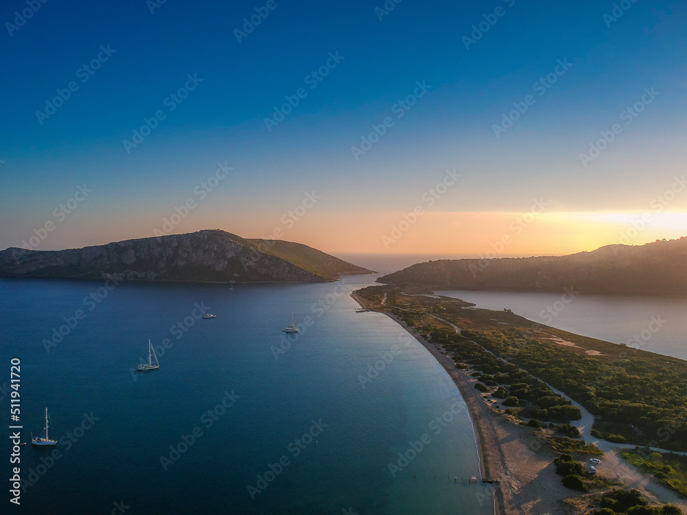 Panoramic aerial view over Divari beach near Navarino bay, Gialova. It is one of the best beaches in mediterranean Europe. Beautiful lagoon near Voidokilia from a high point of view, Messinia, Greece