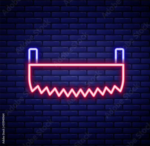 Glowing neon line Two-handed saw icon isolated on brick wall background. Colorful outline concept. Vector