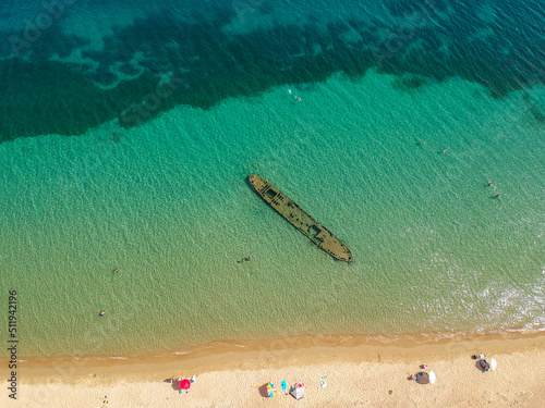 Panoramic aerial view over the shipwreck in Divari beach near Navarino bay, Gialova. It is one of the best beaches in mediterranean Europe located in Messinia, Greece photo