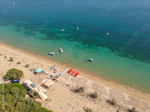 Panoramic aerial view over Divari beach near Navarino bay, Gialova. It is one of the best beaches in mediterranean Europe. Beautiful lagoon near Voidokilia from a high point of view, Messinia, Greece photo