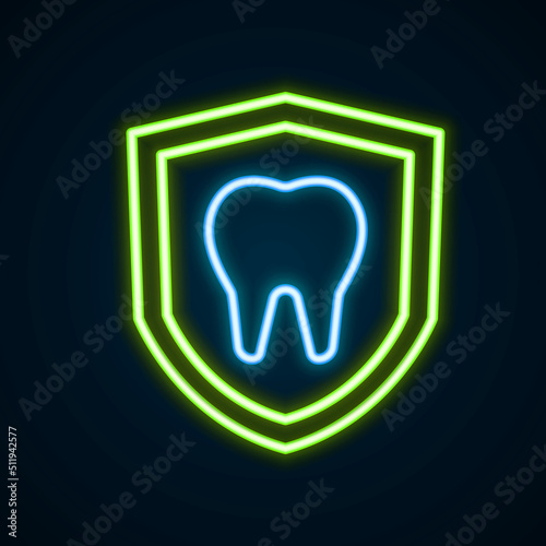 Glowing neon line Dental protection icon isolated on black background. Tooth on shield logo. Colorful outline concept. Vector