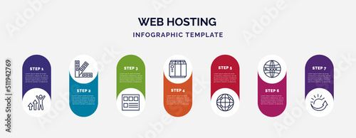 infographic template with icons and 7 options or steps. infographic for web hosting concept. included improve, color scheme, mockup de, raid, globe network, domains, uptime icons.