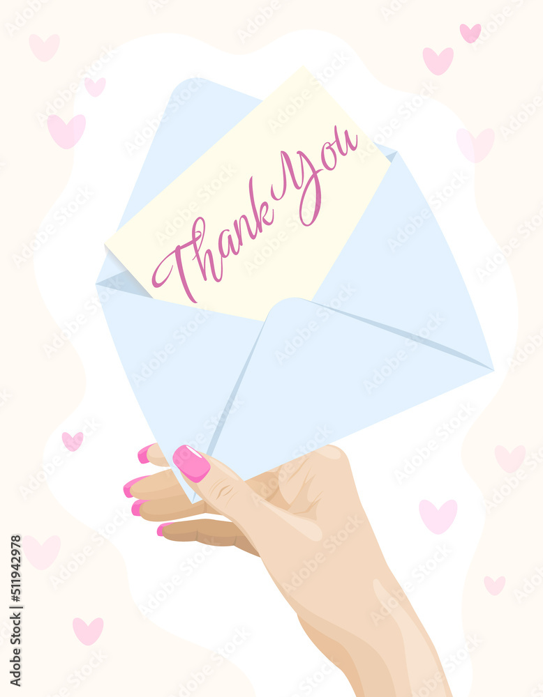 A woman's hand with a thank you card in a blue envelope on a light background with heart-shaped design elements