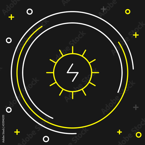Line Solar energy panel icon isolated on black background. Sun with lightning symbol. Colorful outline concept. Vector