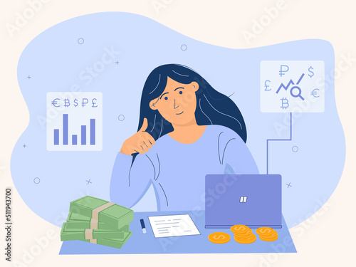 A woman counting money. Coins and banknotes. A financier making money online. Vector illustration.