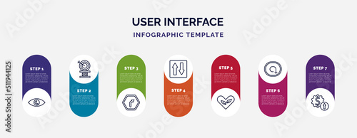 infographic template with icons and 7 options or steps. infographic for user interface concept. included viewer, archery champion, turn left only, elevator arrows, ecologic heart, clockwise drawn