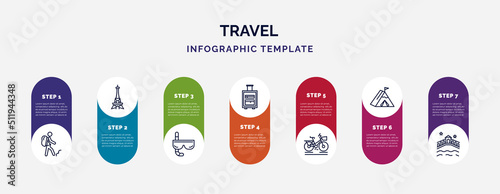 infographic template with icons and 7 options or steps. infographic for travel concept. included backpacker, paris, diving goggles, suitcases, bike with front basket, jaima tent, venice icons.