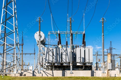 High voltage substation. Power transformer.