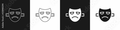 Set Drama theatrical mask icon isolated on black and white background. Vector