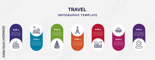 infographic template with icons and 7 options or steps. infographic for travel concept. included cable car, water craft, station, eiffel tower, lifejacket, sun, landmark icons.