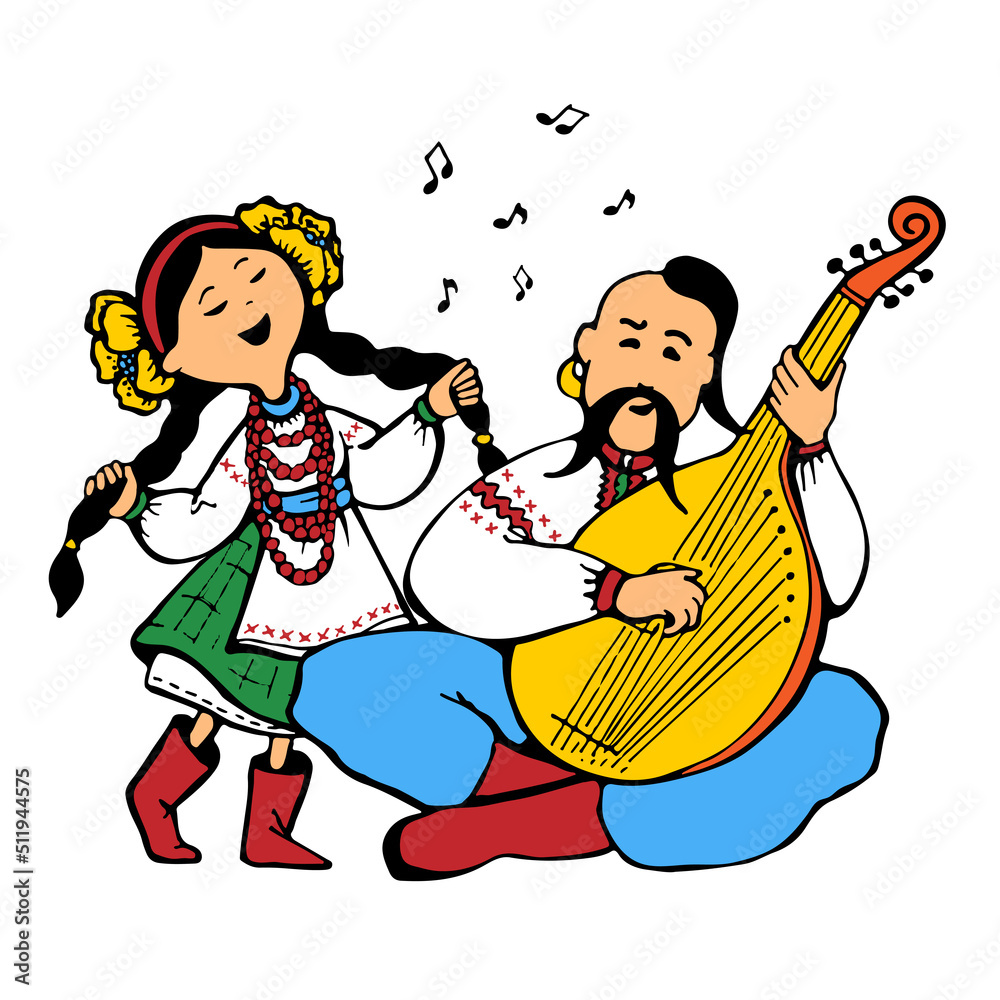 Performance of singing girl and Kozak playing the musical instrument bandura in the national dress of Ukraine. Hand drawn vector image in the style of drawing with a pen on paper Performance of singing girl and Kozak playing the musical instrument bandura in the national dress of Ukraine. Hand drawn vector image in the style of drawing with a pen on paper