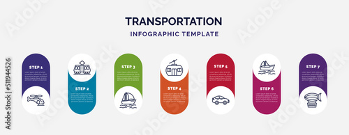 infographic template with icons and 7 options or steps. infographic for transportation concept. included helicopter profile, tramway, catamaran, chairlift, sedan, yawl, zeppelin icons.