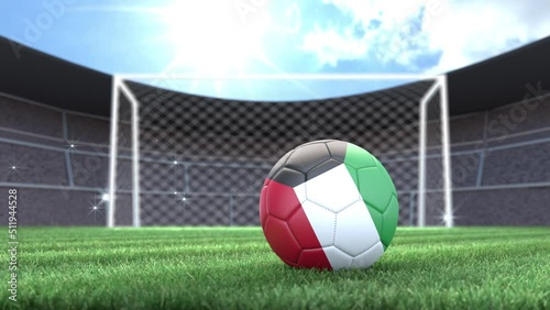 Kuwait soccer ball, rolling into stadium with camera flashes. 3D animation