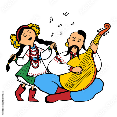 Performance of singing girl and Kozak playing the musical instrument bandura in the national dress of Ukraine. Hand drawn vector image in the style of drawing with a pen on paper photo