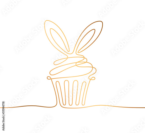 Continuous line drawing of Christmas muffin, cupcake with rabbit ears. Vector golden outline illustration of Chinese New Year symbol 2023. Sweet pastry, cake in cup, bakery dessert in holiday design