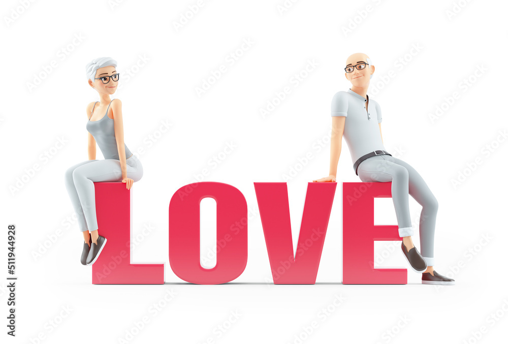3d senior couple sitting on word love 3d senior couple sitting on word love