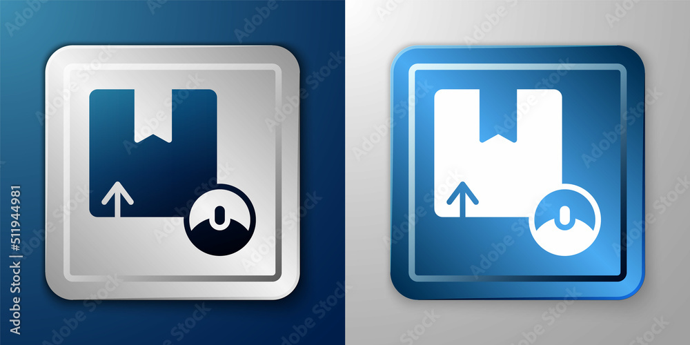 White Carton cardboard box icon isolated on blue and grey background. Box, package, parcel sign. Delivery and packaging. Silver and blue square button. Vector White Carton cardboard box icon isolated on blue and grey background. Box, package, parcel sign. Delivery and packaging. Silver and blue square button. Vector