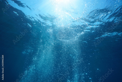 Underwater air bubbles in the sea rising to water surface  natural scene  Mediterranean