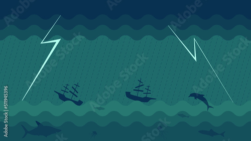Vector Image Of A Storm In the open Sea, Rain and Lightning