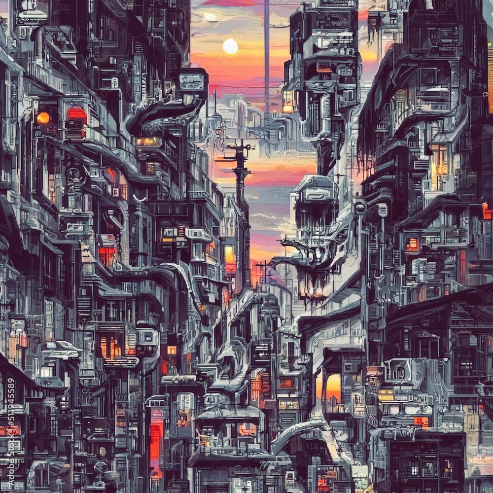 Cyberpunk city street. Sci-fi wallpaper. Futuristic city scene in a style  of pixel art. Urban scene. Generative AI. 22452076 Stock Photo at Vecteezy