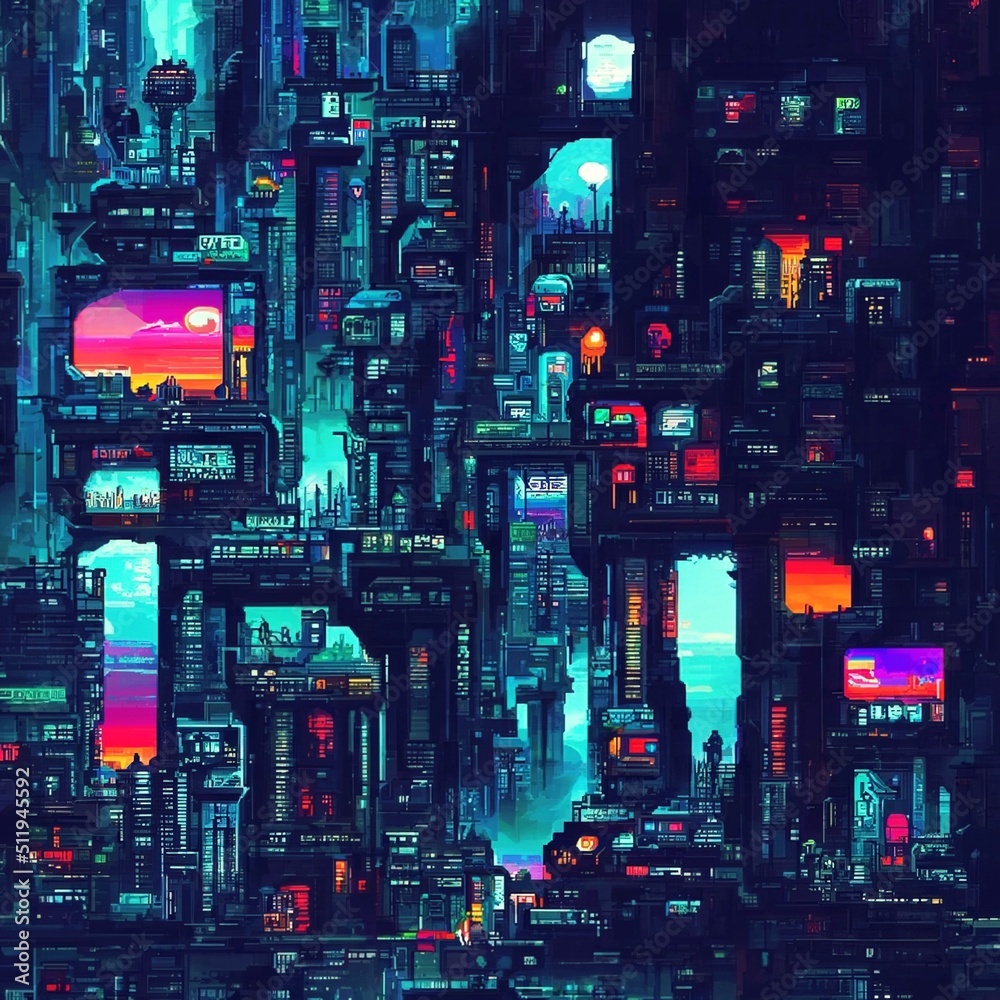 Cyberpunk city street. Sci-fi wallpaper. Futuristic city scene in a style  of pixel art. 80's wallpaper. Retro future 3D illustration. Urban scene.  Stock Illustration | Adobe Stock