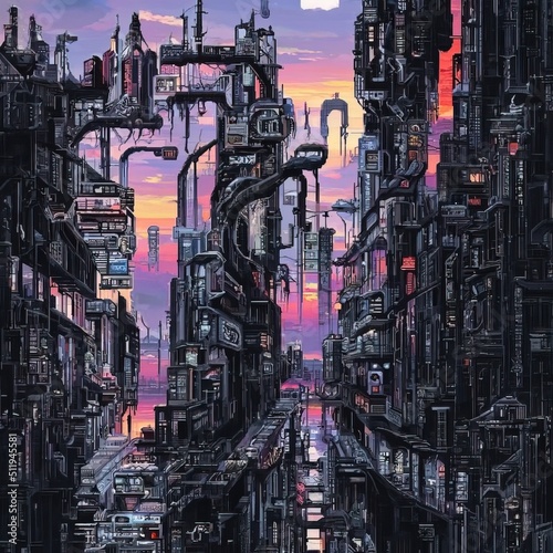 Cyberpunk city street. Sci-fi wallpaper. Futuristic city scene in a style  of pixel art. 80's wallpaper. Retro future 3D illustration. Urban scene.  Stock Illustration