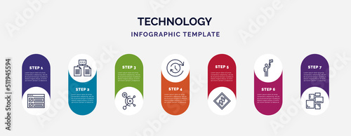 infographic template with icons and 7 options or steps. infographic for technology concept. included selector, data architecture, social graph, uptime and downtime, version control, leading, grid