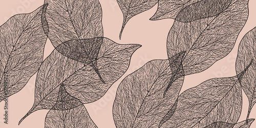 Pattern with textured linear leaf on beige background. Outline transparent leaves