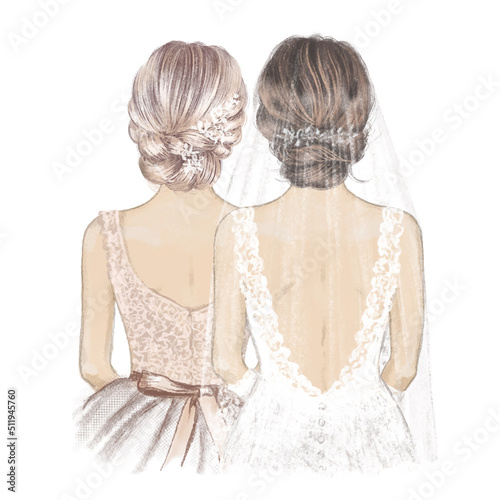 Bride in Veil and blonde Bridesmaid. Hand drawn Illustration